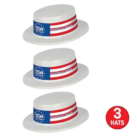 Beistle White Plastic Skimmers with Semiquin Band Hats, 3ct.